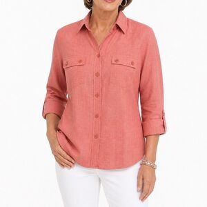 CHICO'S Coral Pink Button Down Shirt US Sz 4 Cotton Roll Tab Sleeve Utility